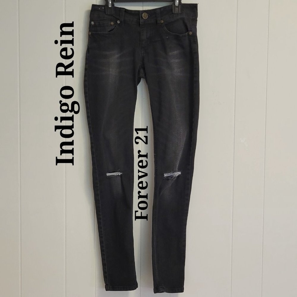 Indigo Rein Forever 21 black distressed stretch jeans Sz: 5 Jr.